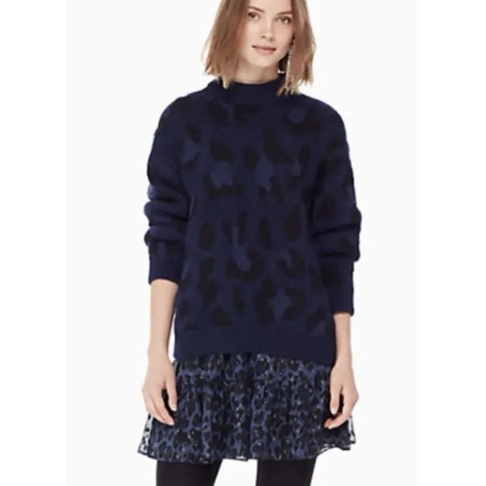 KATE SPADE Alpaca Leopard Print Sweater Navy Blue Black Size XS Crewneck